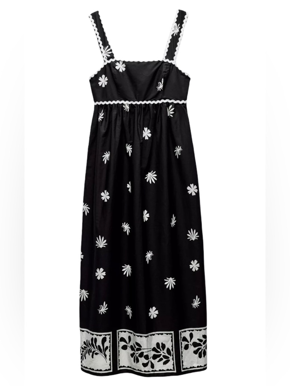 ⚪️▪️Zara Black Midi Dress with White Floral Embroidery and bow tie back ▪️⚪️
